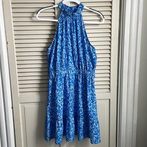 Blue and white patterned halter dress.